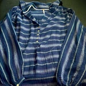 Free People Rolling Clouds Blue Striped Top With Hood